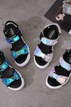 ?Chunky Holographic Sandals? - Perfect for Y2K Summer, 90s Fashion, Grunge, and Retro Party Outfits