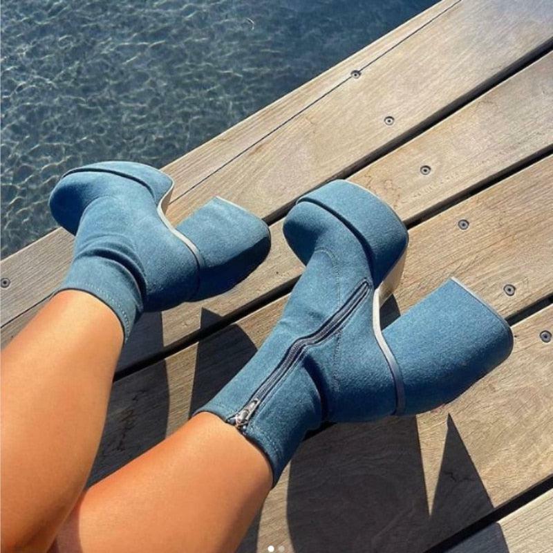 Chunky Square Heeled Boots - Y2K Grunge, 90s Retro, Pastel Goth, Summer & Party Outfits