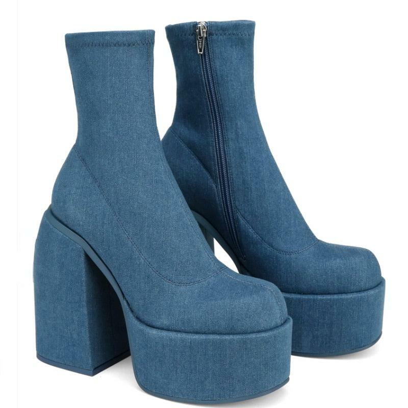 Chunky Square Heeled Boots - Y2K Grunge, 90s Retro, Pastel Goth, Summer & Party Outfits