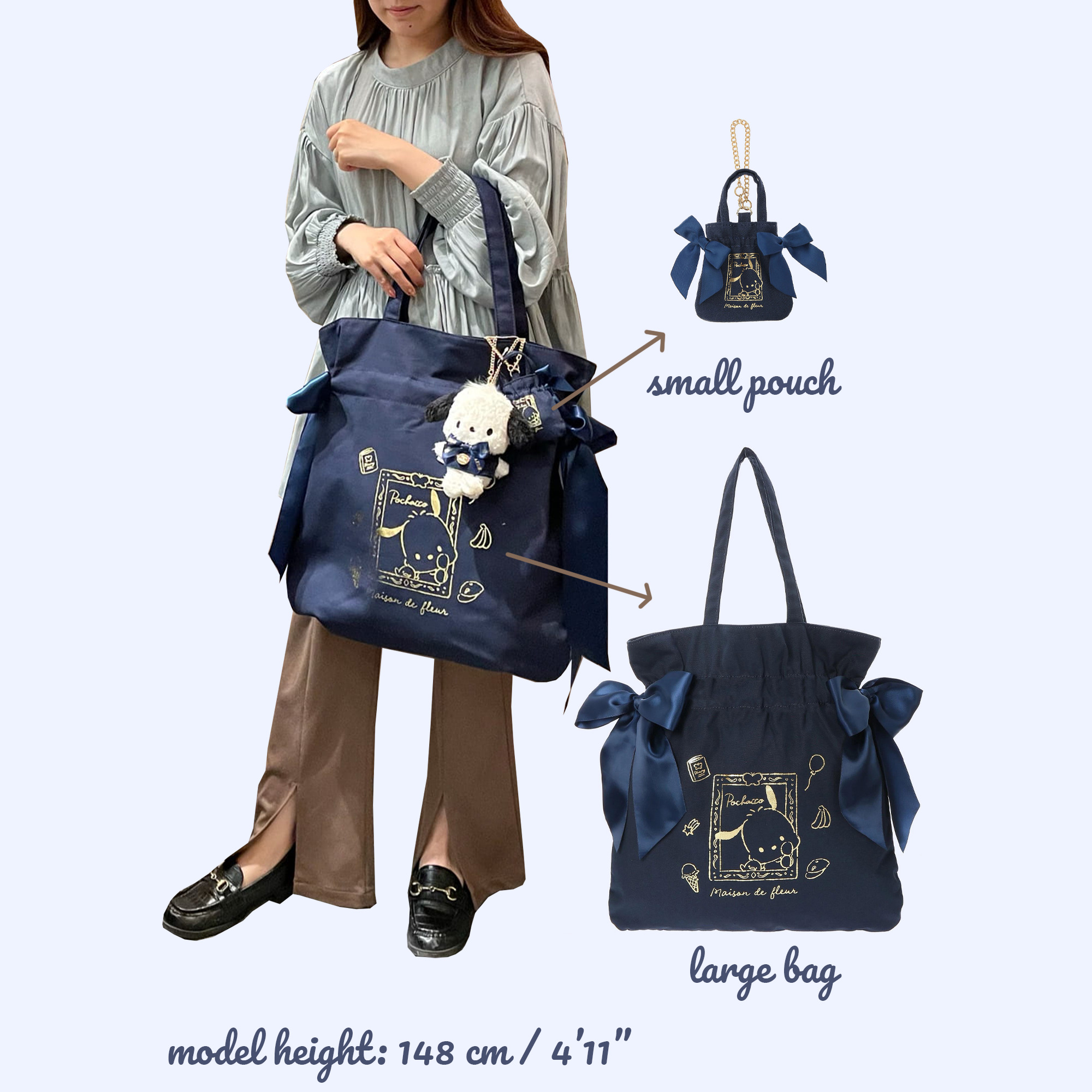 Cinnamoroll x Maison de FLEUR Y2K Ribbon Tote Bag - Gingham Inner, Retro 90s Grunge Fashion