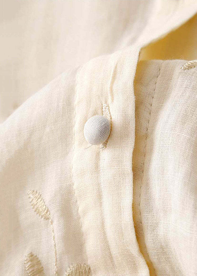 Classy Beige Embroidered Button Patchwork Cotton Shirt - Y2K Summer, 90s Fashion, Grunge Outfits