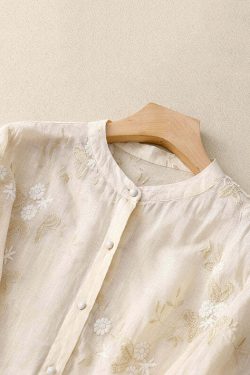 Classy Beige Embroidered Button Patchwork Cotton Shirt - Y2K Summer, 90s Fashion, Grunge Outfits