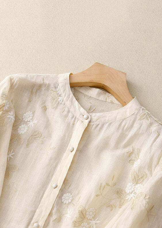 Classy Beige Embroidered Button Patchwork Cotton Shirt - Y2K Summer, 90s Fashion, Grunge Outfits