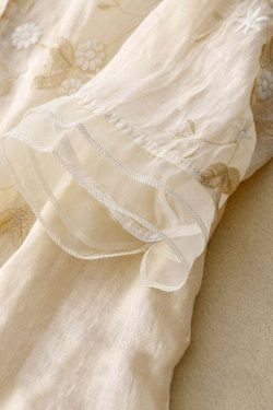 Classy Beige Embroidered Button Patchwork Cotton Shirt - Y2K Summer, 90s Fashion, Grunge Outfits