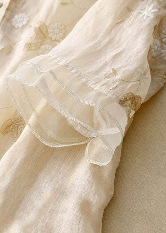 Classy Beige Embroidered Button Patchwork Cotton Shirt - Y2K Summer, 90s Fashion, Grunge Outfits