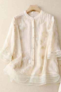 Classy Beige Embroidered Button Patchwork Cotton Shirt - Y2K Summer, 90s Fashion, Grunge Outfits