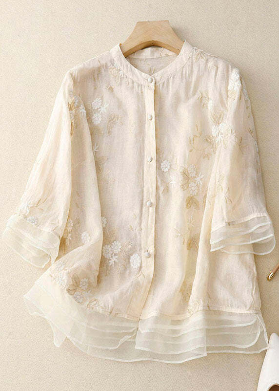 Classy Beige Embroidered Button Patchwork Cotton Shirt - Y2K Summer, 90s Fashion, Grunge Outfits