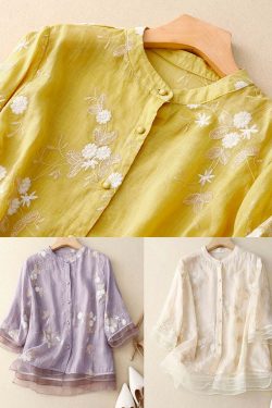 Classy Beige Embroidered Button Patchwork Cotton Shirt - Y2K Summer, 90s Fashion, Grunge Outfits