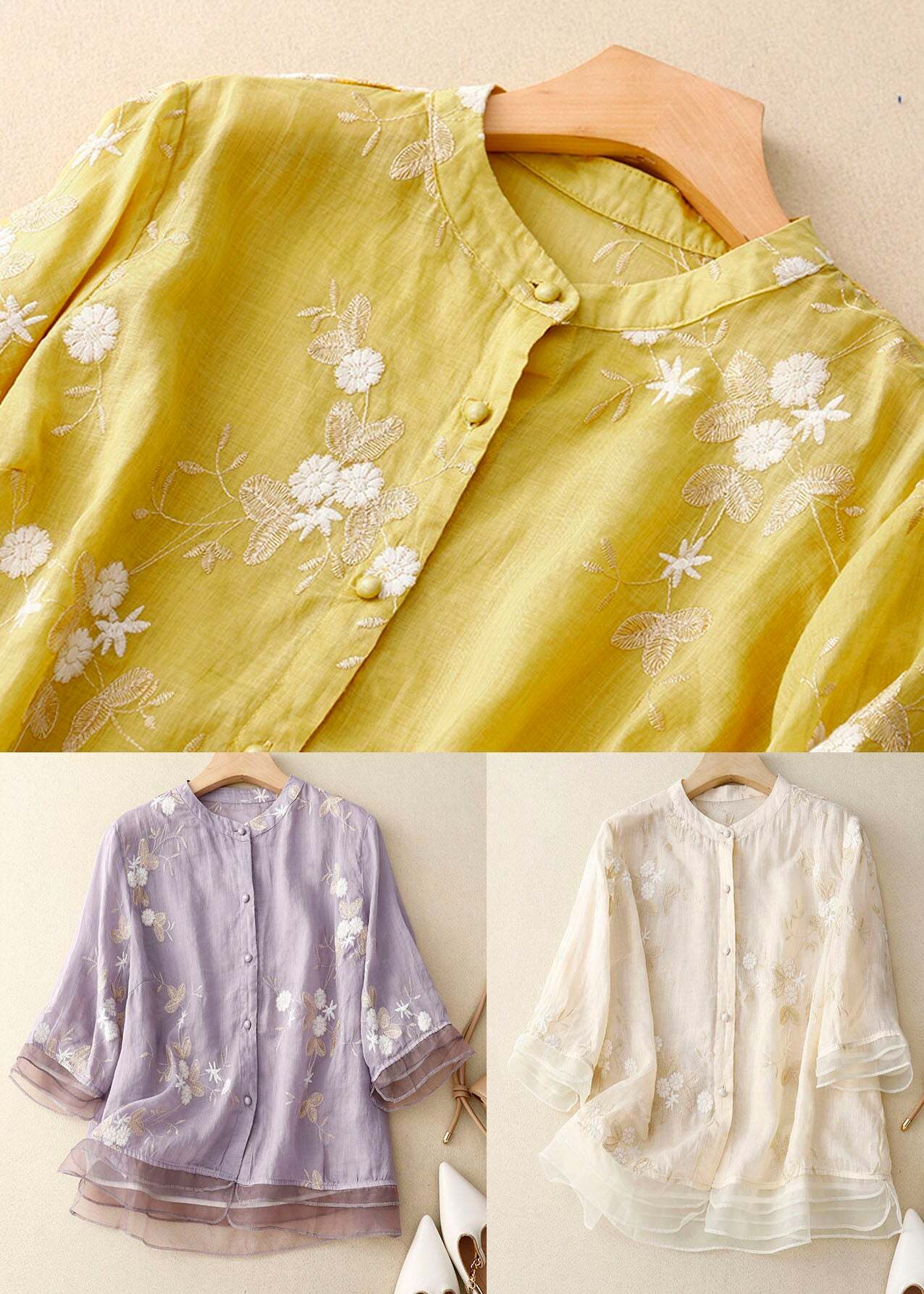 Classy Beige Embroidered Button Patchwork Cotton Shirt - Y2K Summer, 90s Fashion, Grunge Outfits