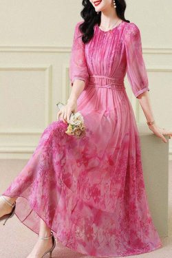 Classy Pink Print Chiffon Maxi Dress - Y2K Summer, 90s Fashion, Grunge, Retro Style