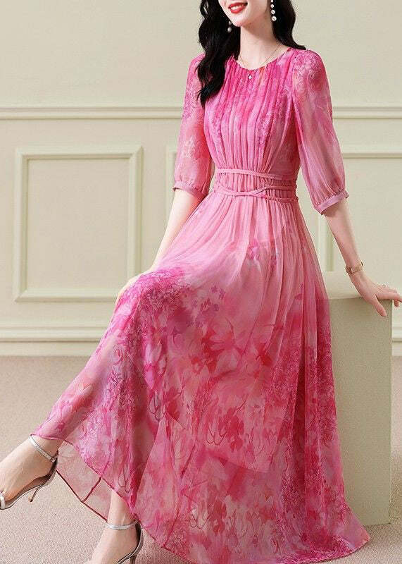 Classy Pink Print Chiffon Maxi Dress - Y2K Summer, 90s Fashion, Grunge, Retro Style