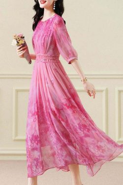 Classy Pink Print Chiffon Maxi Dress - Y2K Summer, 90s Fashion, Grunge, Retro Style