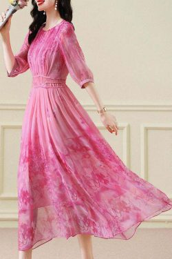 Classy Pink Print Chiffon Maxi Dress - Y2K Summer, 90s Fashion, Grunge, Retro Style