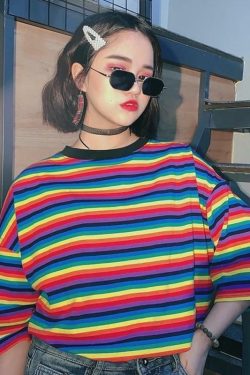 Colorful Striped T-Shirt - Y2K Summer, 90s Fashion, Grunge, Retro, Pastel Goth, Y2K Club
