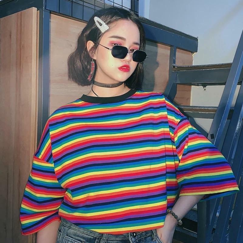 Colorful Striped T-Shirt - Y2K Summer, 90s Fashion, Grunge, Retro, Pastel Goth, Y2K Club
