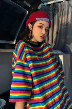 Colorful Striped T-Shirt - Y2K Summer, 90s Fashion, Grunge, Retro, Pastel Goth, Y2K Club