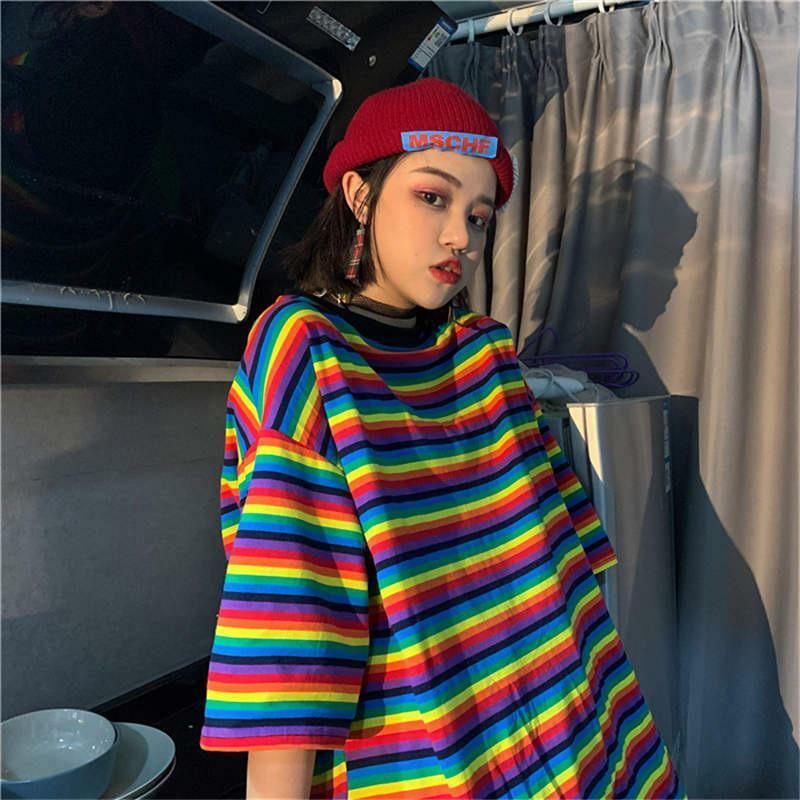 Colorful Striped T-Shirt - Y2K Summer, 90s Fashion, Grunge, Retro, Pastel Goth, Y2K Club