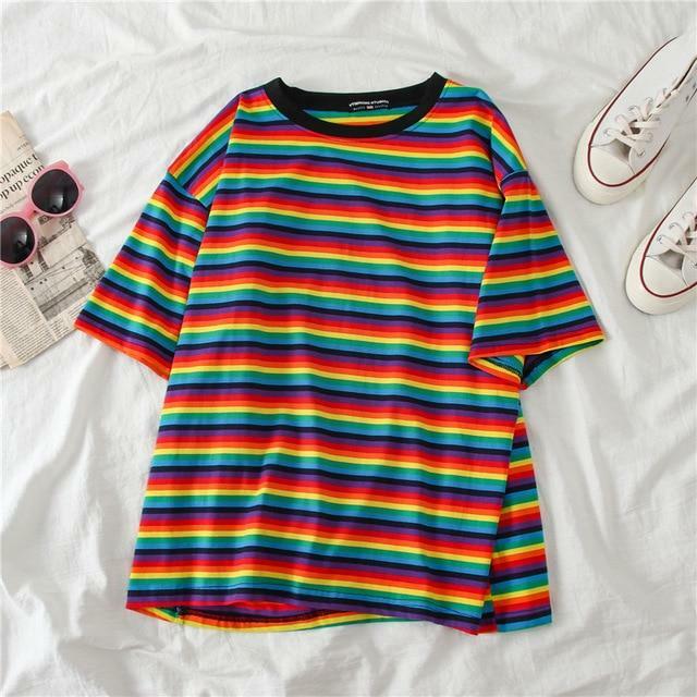Colorful Striped T-Shirt - Y2K Summer, 90s Fashion, Grunge, Retro, Pastel Goth, Y2K Club