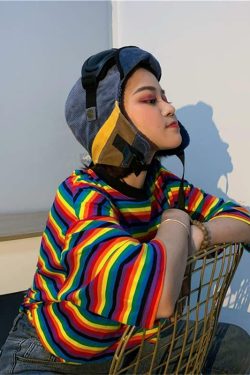 Colorful Striped T-Shirt - Y2K Summer, 90s Fashion, Grunge, Retro, Pastel Goth, Y2K Club