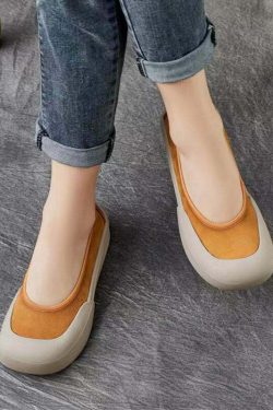 Comfy Yellow Cowhide Leather Flat Shoes - Y2K Summer, 90s Fashion, Grunge, Retro Style