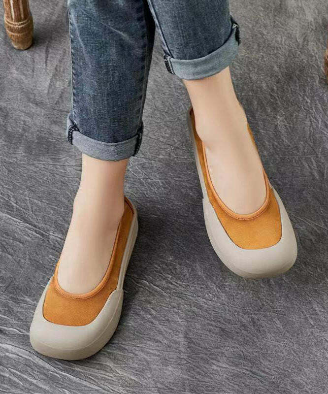 Comfy Yellow Cowhide Leather Flat Shoes - Y2K Summer, 90s Fashion, Grunge, Retro Style