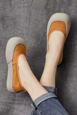 Comfy Yellow Cowhide Leather Flat Shoes - Y2K Summer, 90s Fashion, Grunge, Retro Style