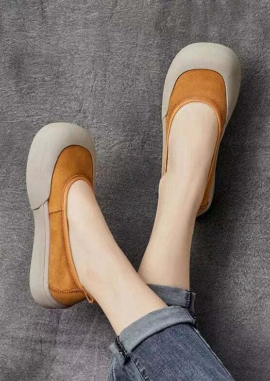 Comfy Yellow Cowhide Leather Flat Shoes - Y2K Summer, 90s Fashion, Grunge, Retro Style
