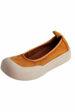 Comfy Yellow Cowhide Leather Flat Shoes - Y2K Summer, 90s Fashion, Grunge, Retro Style