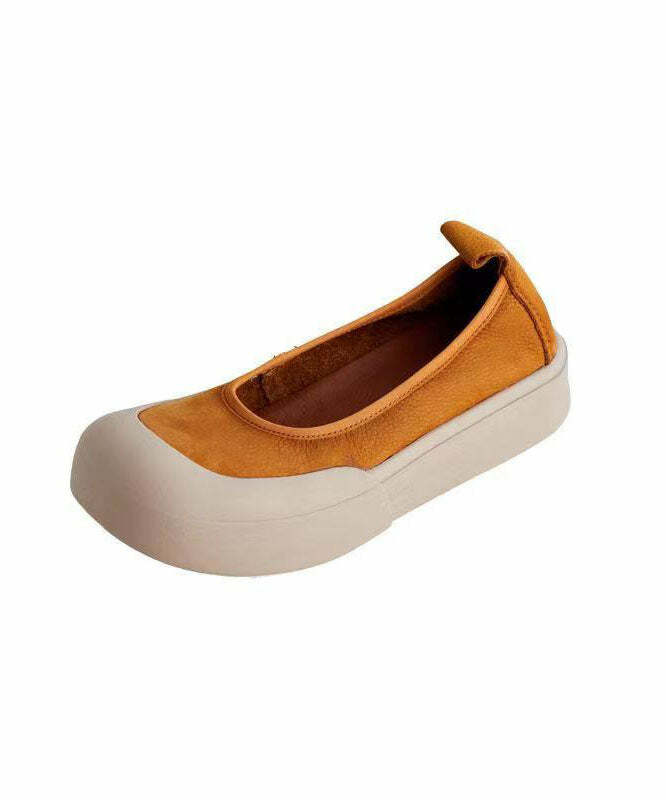 Comfy Yellow Cowhide Leather Flat Shoes - Y2K Summer, 90s Fashion, Grunge, Retro Style