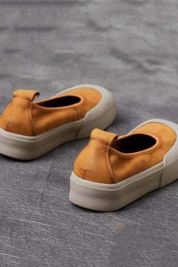 Comfy Yellow Cowhide Leather Flat Shoes - Y2K Summer, 90s Fashion, Grunge, Retro Style