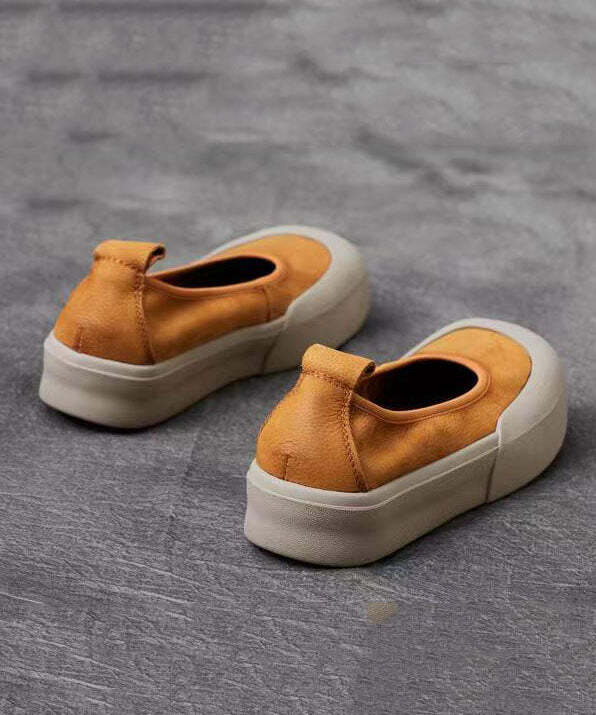 Comfy Yellow Cowhide Leather Flat Shoes - Y2K Summer, 90s Fashion, Grunge, Retro Style