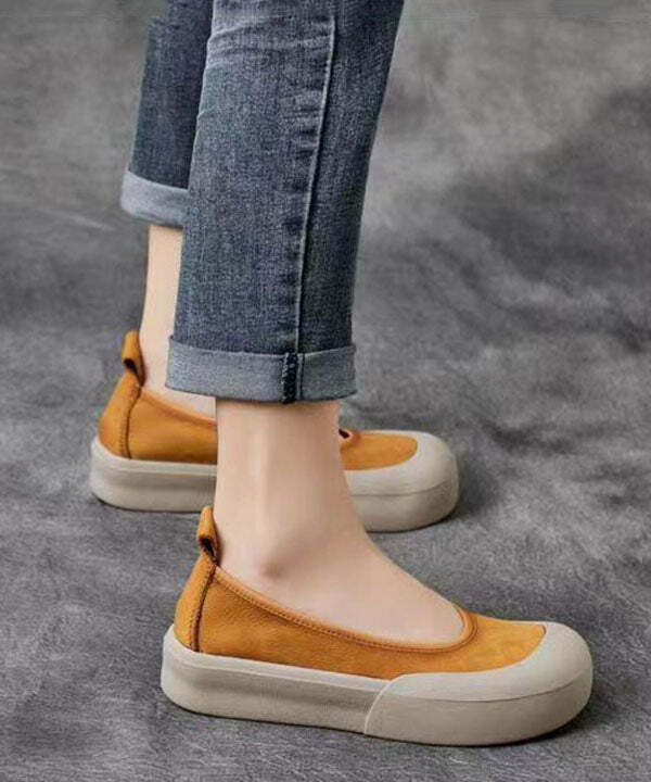 Comfy Yellow Cowhide Leather Flat Shoes - Y2K Summer, 90s Fashion, Grunge, Retro Style