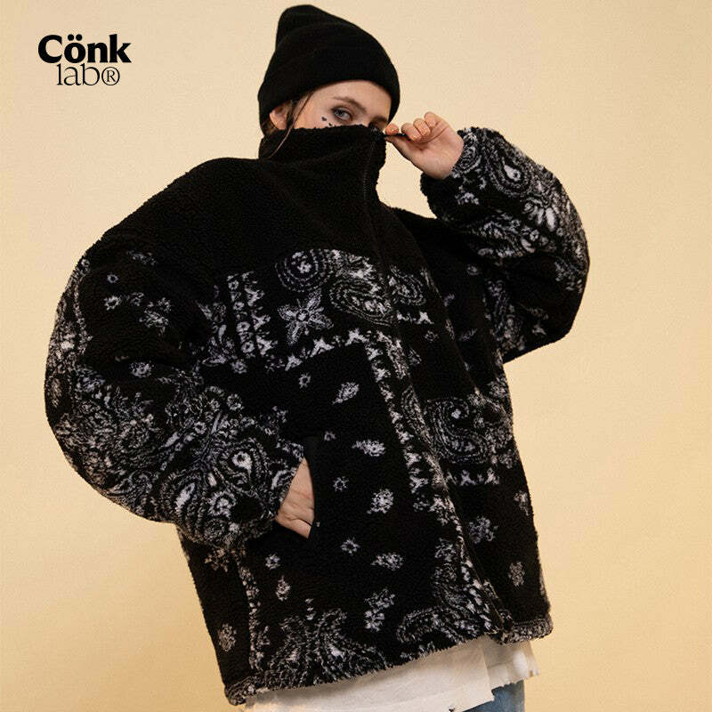 CONKLAB Y2K Grunge Bandana Fleece Jacket - Retro 90s Fashion, Summer Outfits, and Clubwear