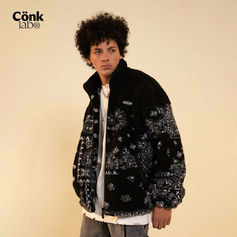 CONKLAB Y2K Grunge Bandana Fleece Jacket - Retro 90s Fashion, Summer Outfits, and Clubwear