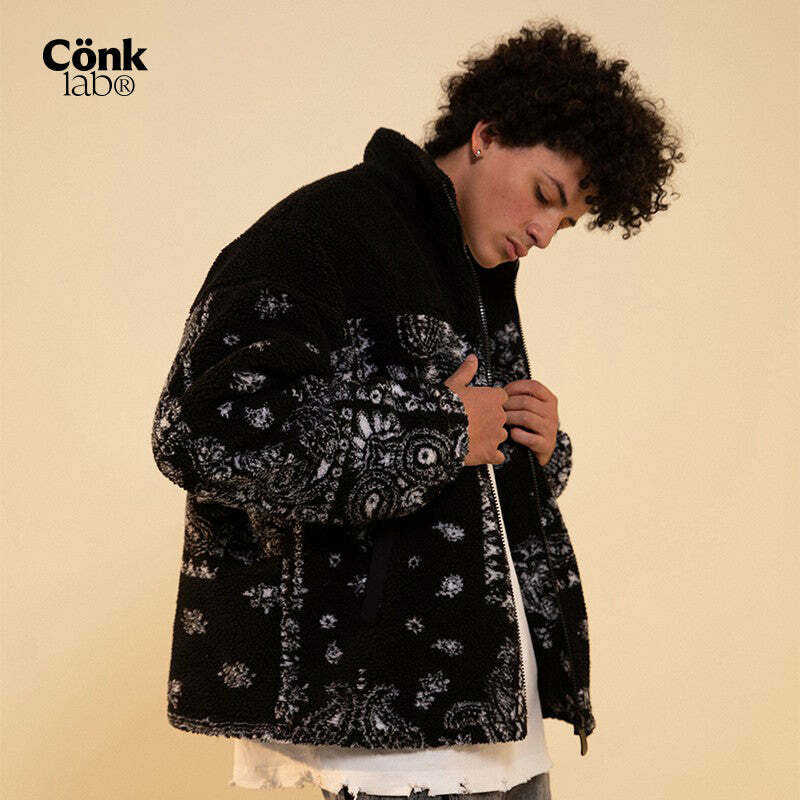 CONKLAB Y2K Grunge Bandana Fleece Jacket - Retro 90s Fashion, Summer Outfits, and Clubwear