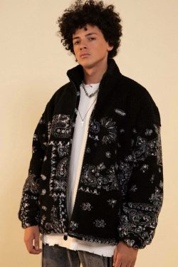 CONKLAB Y2K Grunge Bandana Fleece Jacket - Retro 90s Fashion, Summer Outfits, and Clubwear