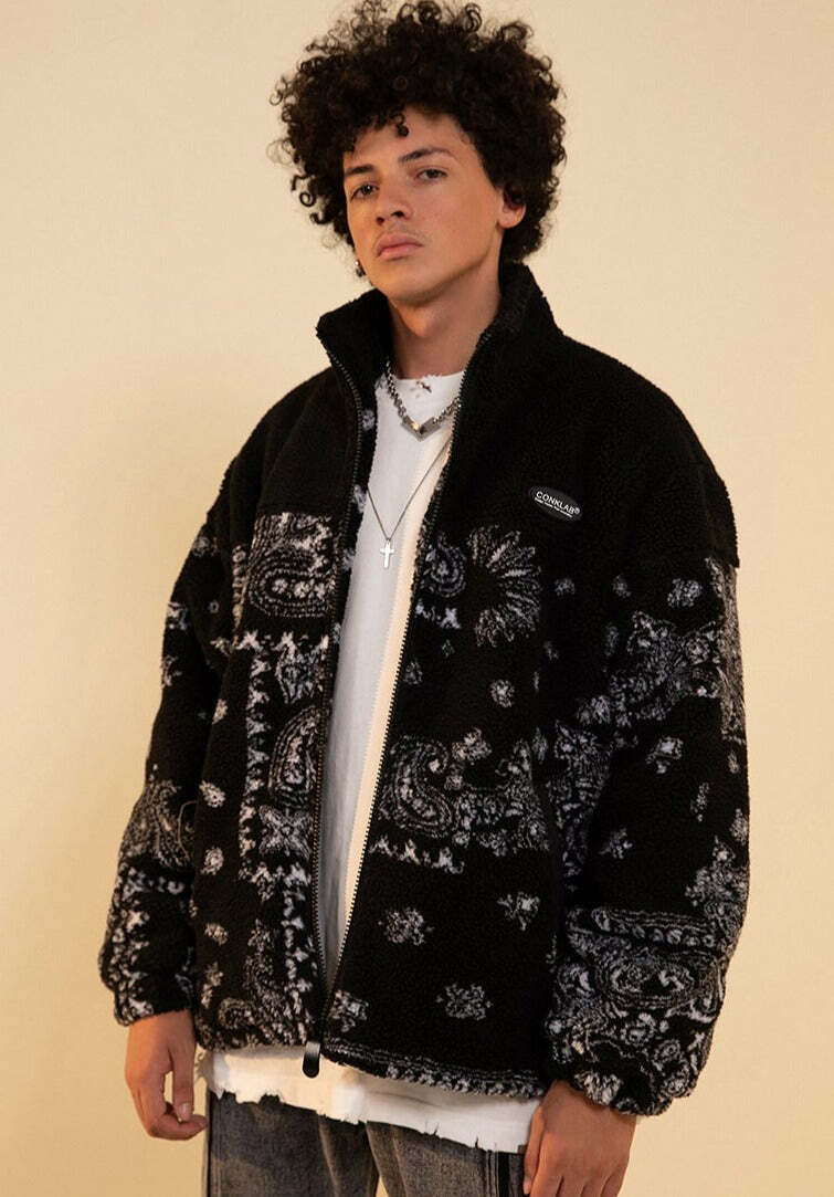 CONKLAB Y2K Grunge Bandana Fleece Jacket - Retro 90s Fashion, Summer Outfits, and Clubwear