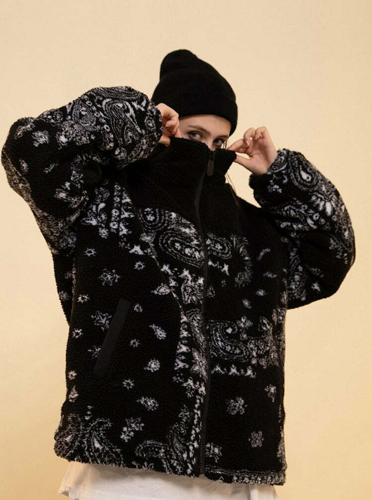 CONKLAB Y2K Grunge Bandana Fleece Jacket - Retro 90s Fashion, Summer Outfits, and Clubwear