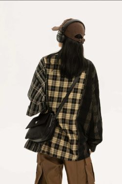 COOSRETRO Y2K Grunge Patchwork Flannel - 90s Retro Summer Outfit, Gothic Y2K Fashion