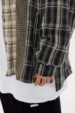 COOSRETRO Y2K Grunge Patchwork Flannel - 90s Retro Summer Outfit, Gothic Y2K Fashion