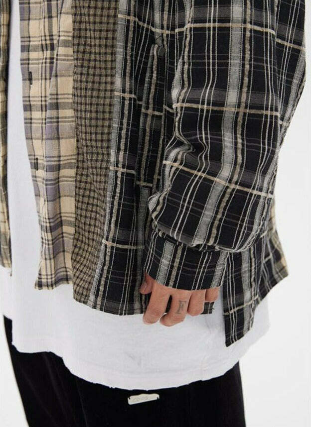 COOSRETRO Y2K Grunge Patchwork Flannel - 90s Retro Summer Outfit, Gothic Y2K Fashion