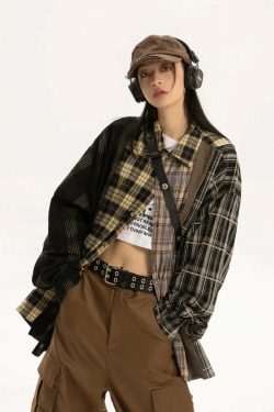 COOSRETRO Y2K Grunge Patchwork Flannel - 90s Retro Summer Outfit, Gothic Y2K Fashion