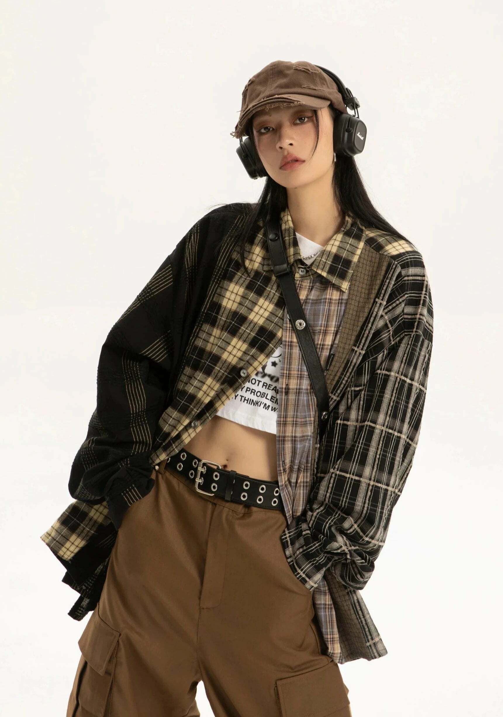 COOSRETRO Y2K Grunge Patchwork Flannel - 90s Retro Summer Outfit, Gothic Y2K Fashion