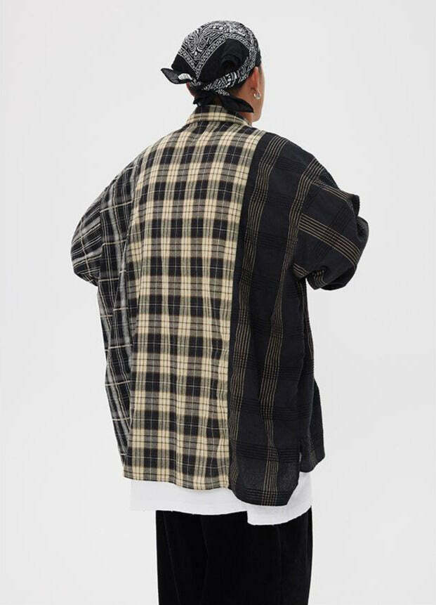 COOSRETRO Y2K Grunge Patchwork Flannel - 90s Retro Summer Outfit, Gothic Y2K Fashion