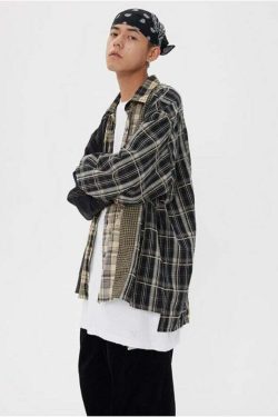 COOSRETRO Y2K Grunge Patchwork Flannel - 90s Retro Summer Outfit, Gothic Y2K Fashion