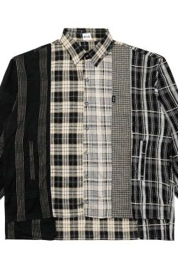 COOSRETRO Y2K Grunge Patchwork Flannel - 90s Retro Summer Outfit, Gothic Y2K Fashion