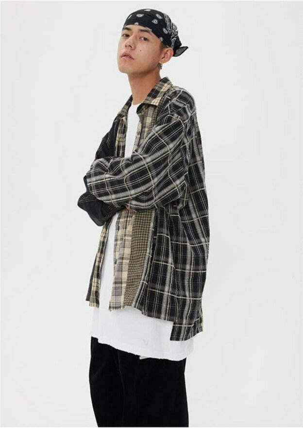COOSRETRO Y2K Grunge Patchwork Flannel - 90s Retro Summer Outfit, Gothic Y2K Fashion