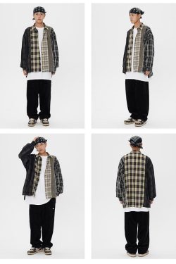 COOSRETRO Y2K Grunge Patchwork Flannel - 90s Retro Summer Outfit, Gothic Y2K Fashion