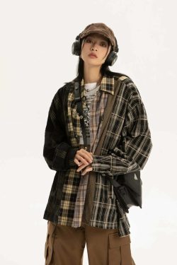 COOSRETRO Y2K Grunge Patchwork Flannel - 90s Retro Summer Outfit, Gothic Y2K Fashion