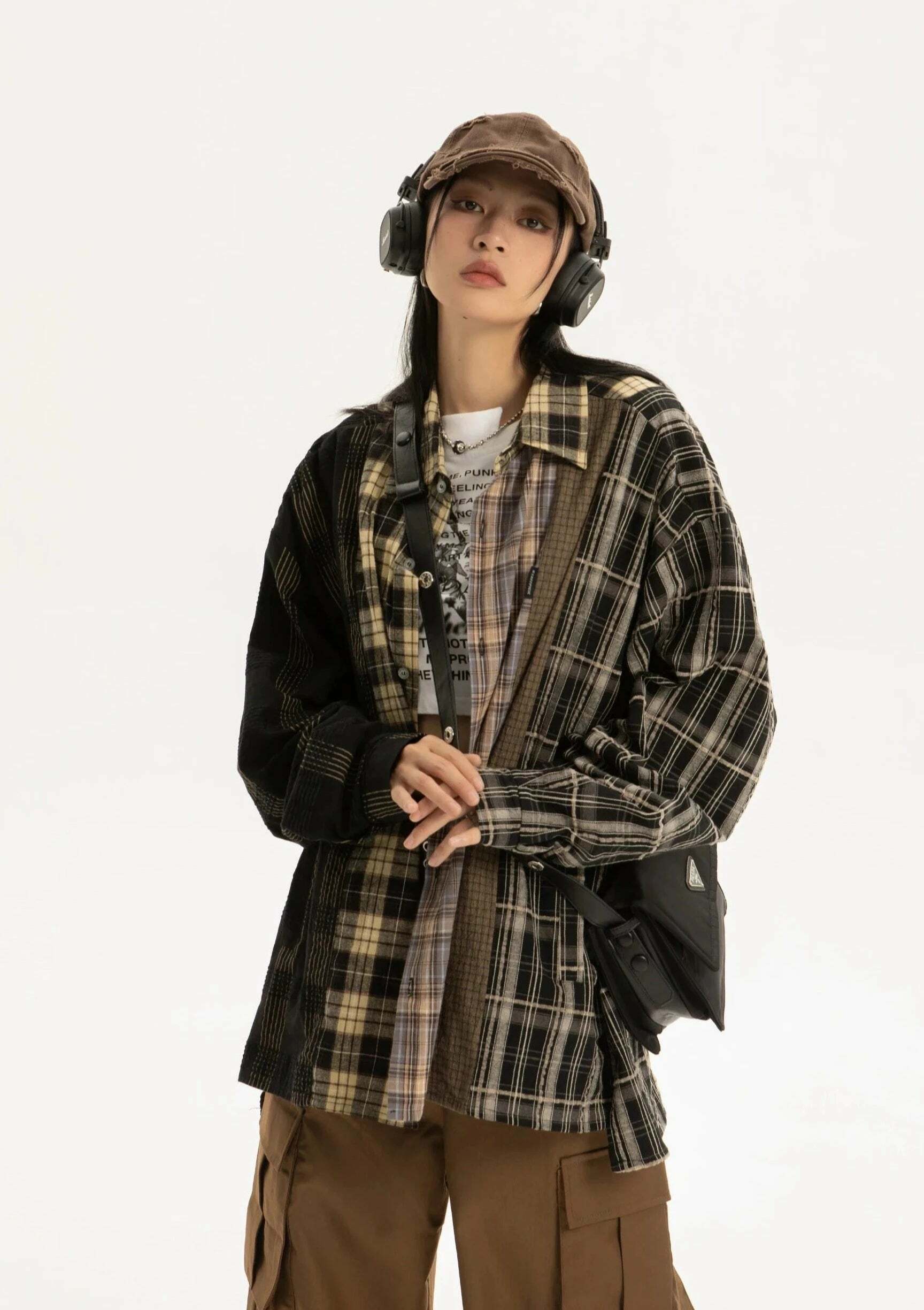 COOSRETRO Y2K Grunge Patchwork Flannel - 90s Retro Summer Outfit, Gothic Y2K Fashion